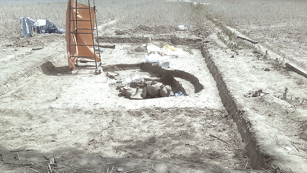 राखीगढ़ी में मिला कब्र जिसमें दो वयस्क और एक बच्चे के कंकाल मिले हैं