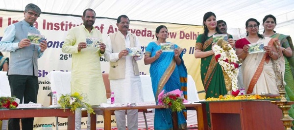 The Minister of State for AYUSH (Independent Charge), Shri Shripad Yesso Naik releasing the booklet at the foundation stone laying ceremony of All India Institute of Ayurveda, New Delhi, Phase II, at Sarita Vihar, in New Delhi on September 26, 2018. The Secretary, Ministry of AYUSH, Shri Vaidya Rajesh Kotecha and other dignitaries are also seen.